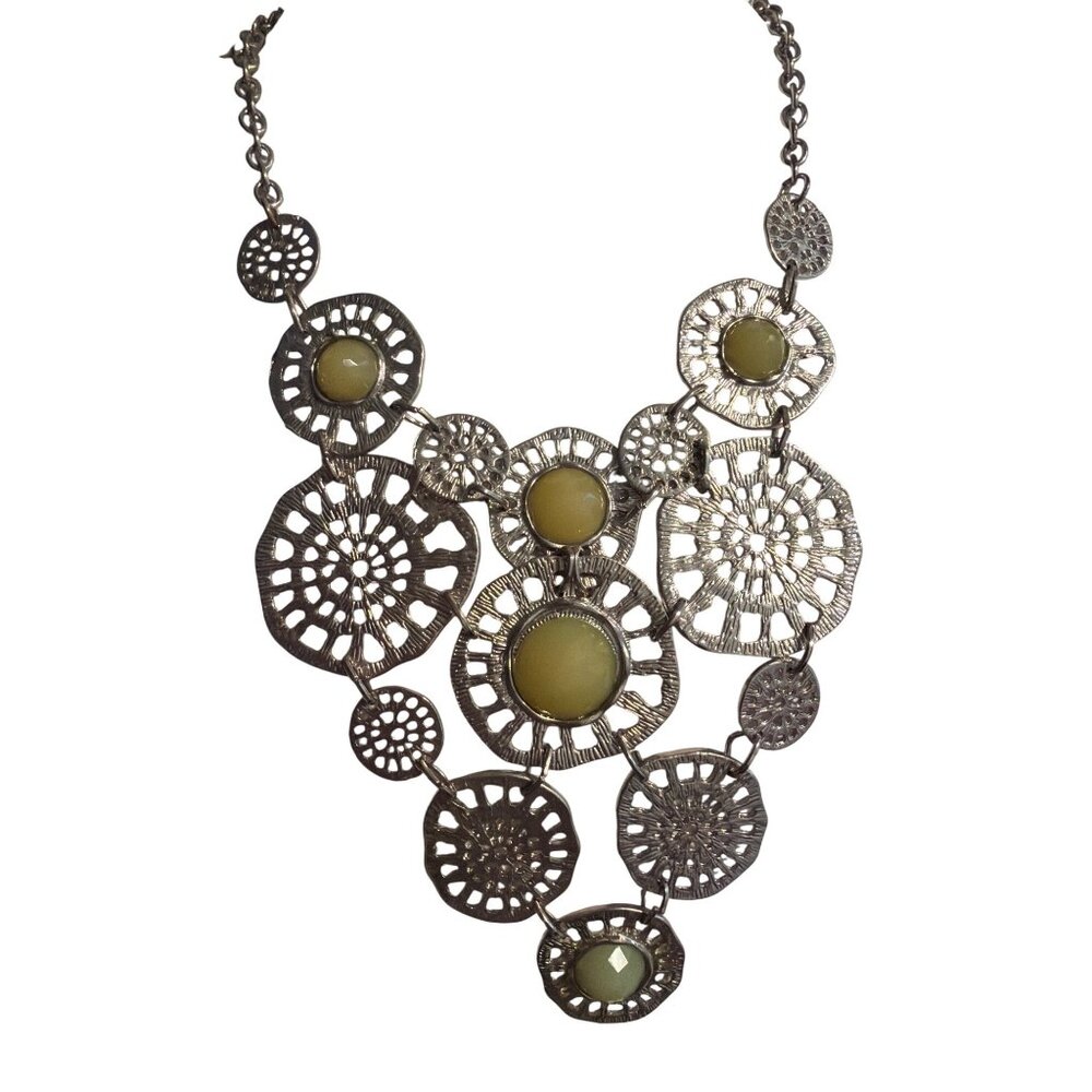 Vintage Silver Tone Statement Bib Necklace Green Bead Accents Adj 19" Estate